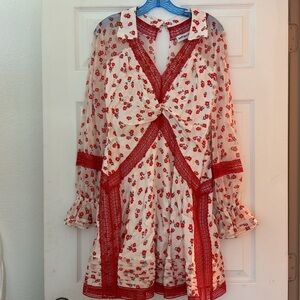 Self Portrait Size 2 Cream & Red Polyester Floral Collar Crochet Lace Dress